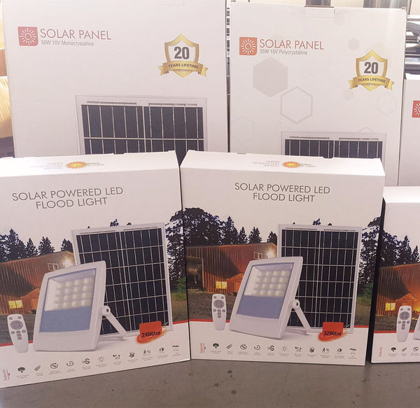 Venus-Solar-Light-Kit-Solar-Flood-Light-with-black-frame-on-light-and-choice-of-black-or-silver-frame-on-solar-panel-packaged-buy-yours-online-at-TheSolPatch.com