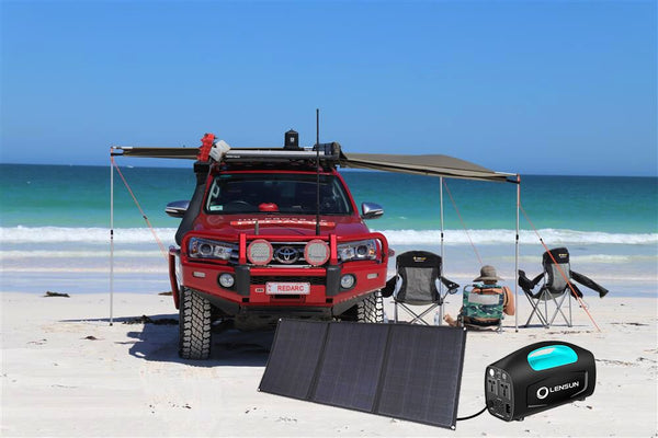 enjoying-beach-day-using-lensun-portable-solar-generator-and-folding-solar-panels-bundle-buy-at-thesolpatch-com